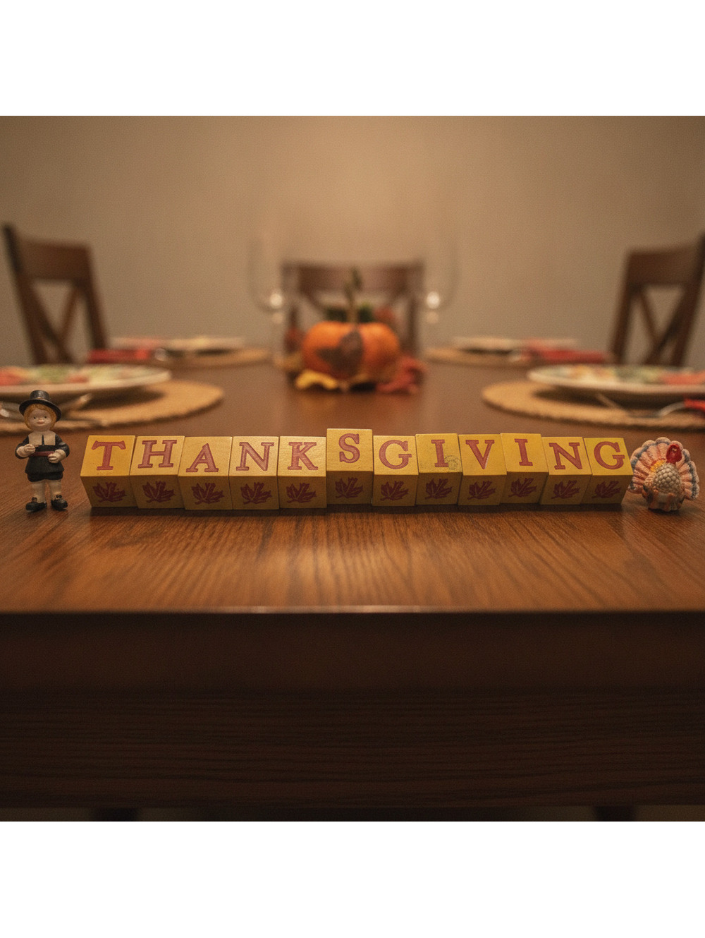Vintage Thanksgiving Block Set with Pilgrim and Turkey Figurines